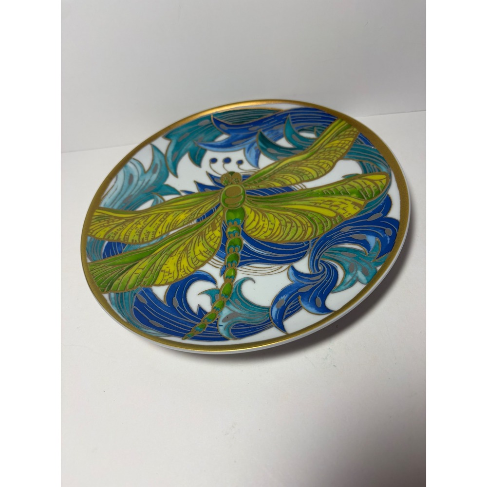 Pottery Barn Art Nouveau Dragonfly Salad Plate Blue Gold Rim 8 Inch
